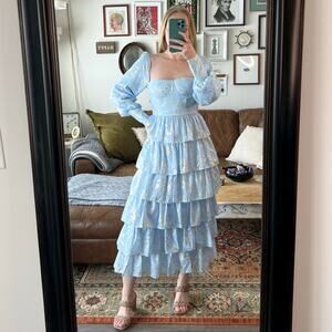 NWT Anna Louise Saint-Tropez Tiered Occasion Dress in Blue/Gold Metallic (6)